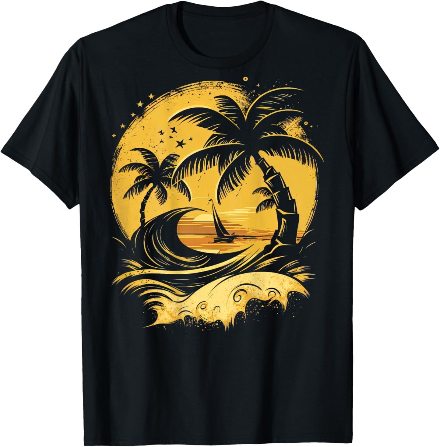 ON Back Tropical Palm Trees Sailboat Beach Island Sunset T-Shirt - T-Shirt | Black