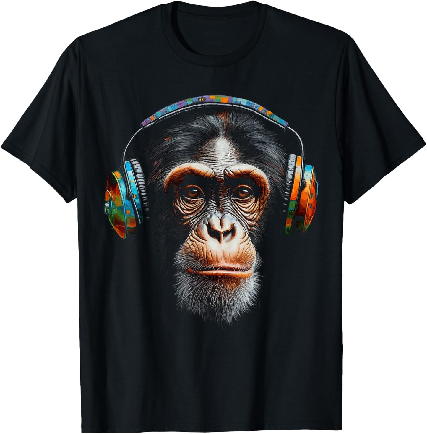 Monkey Headphones Animal Music Colourful Zoo Art Monkey T-Shirt - T-Shirt | Black