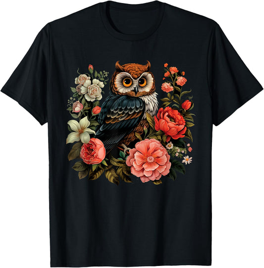 Cottagecore Cute Owl Floral Aesthetic Girls Women T-Shirt - T-Shirt | Black
