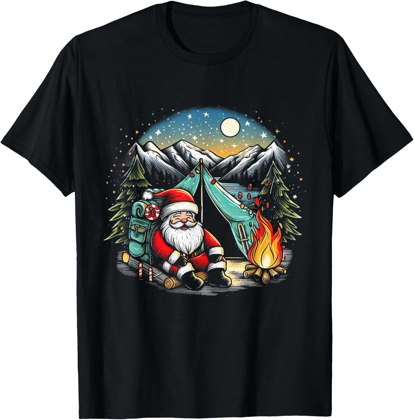 Santa Camping and Hiking Funny Matching Family Christmas T-Shirt - T-Shirt | Black