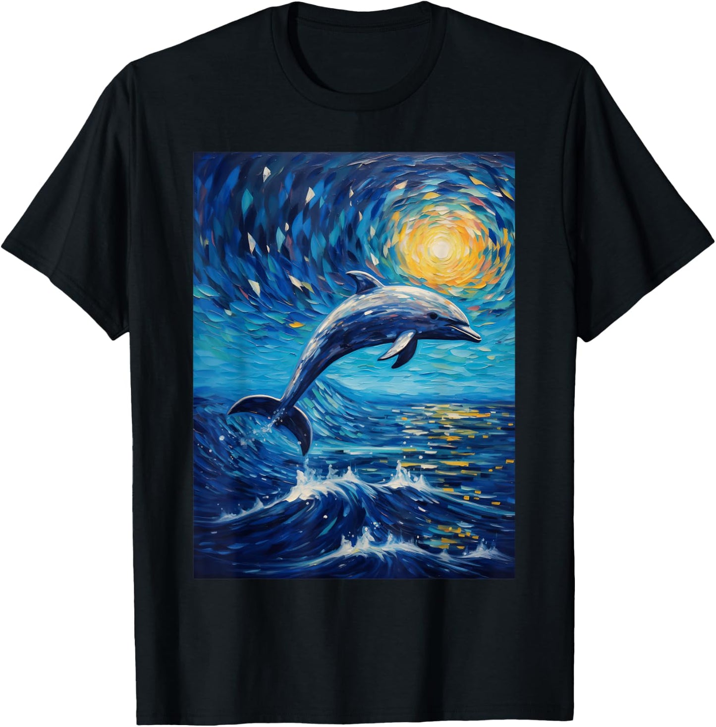 Dolphin Starry Night Van Gogh Style Graphic T-Shirt - T-Shirt | Black