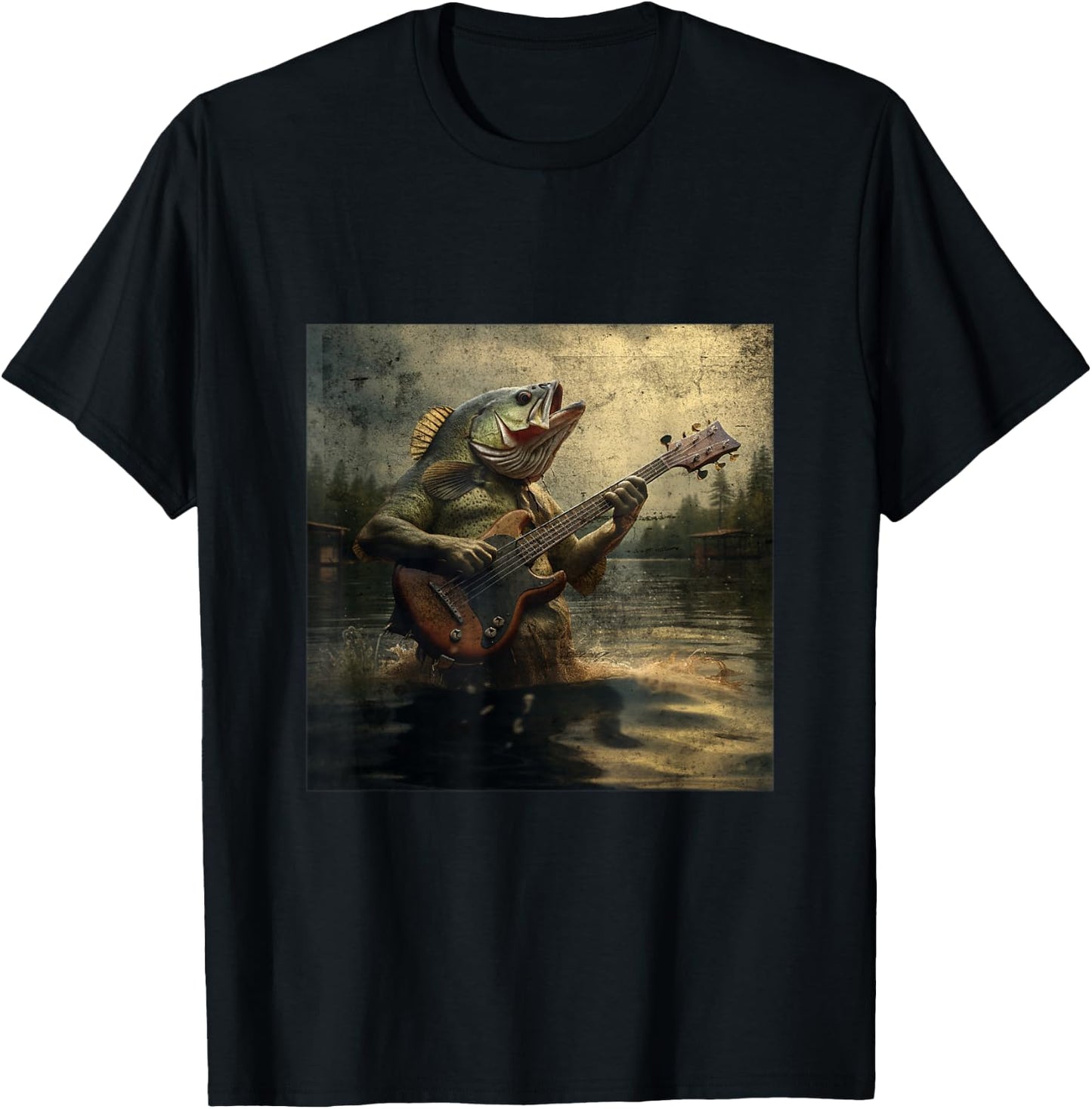 Weird Bass Fish Playing Bass Guitar Funny Cursed Meme T-Shirt - T-Shirt | Black