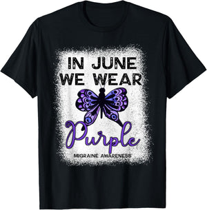 Migraine Awareness Spoonie In June We Wear Purple Butterfly T-Shirt - T-Shirt | Black