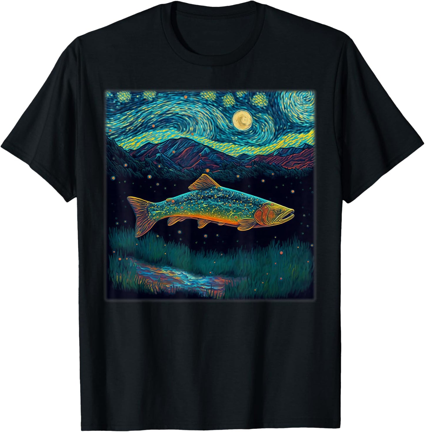 Surrealism Starry Night Brook Trout T-Shirt - T-Shirt | Black