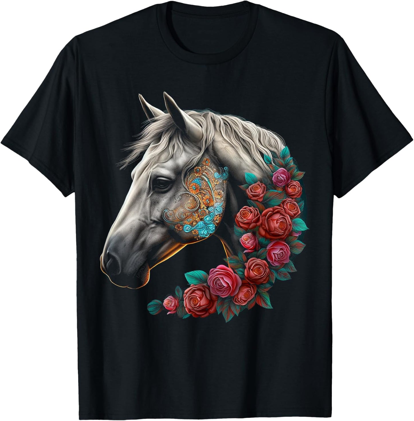 Horse Mandala Flower | Animal Motif Horse T-Shirt - T-Shirt | Black