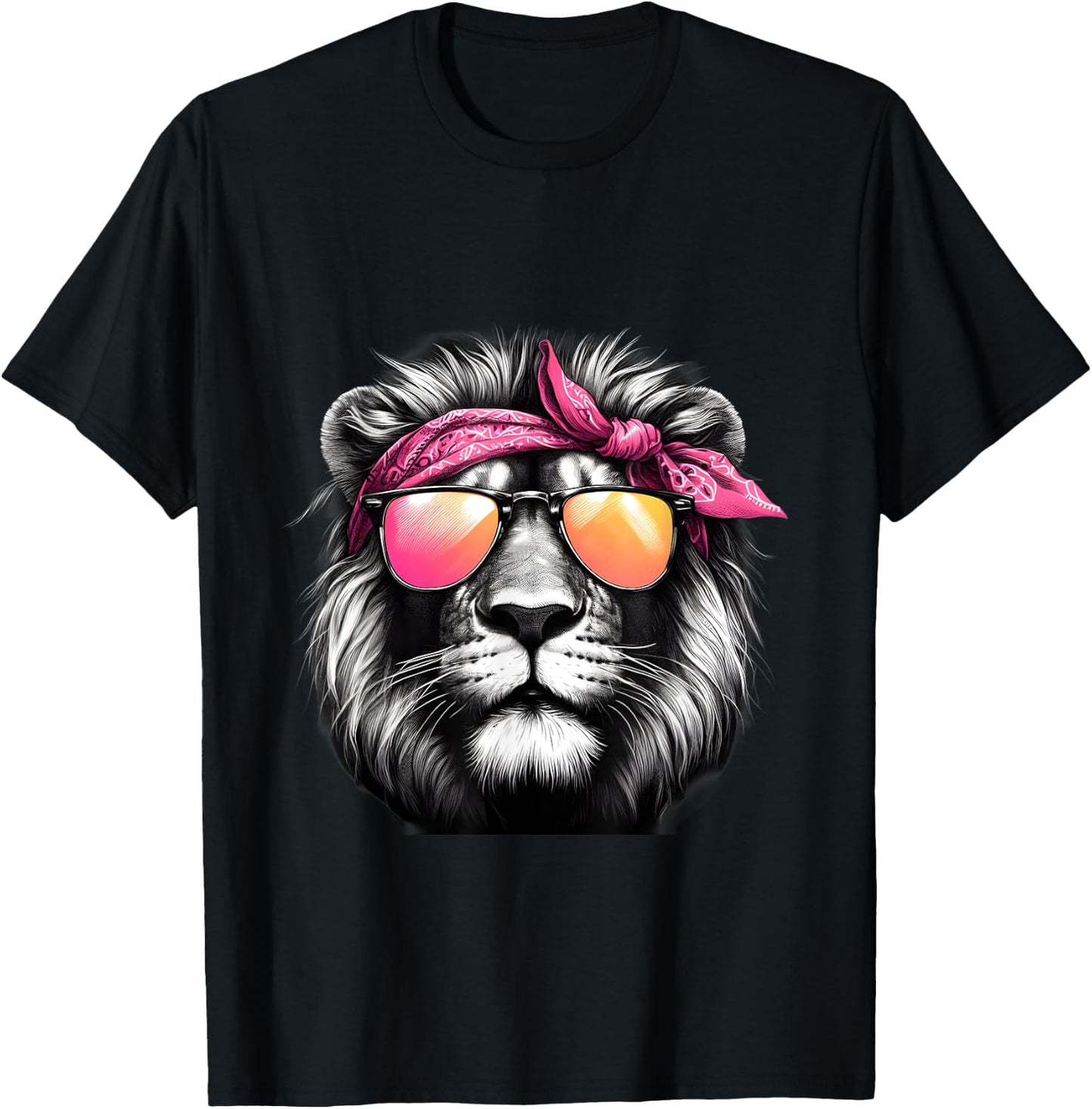Lion Wearing A Pink Bandana Headband And Sunglasses T-Shirt - T-Shirt | Black