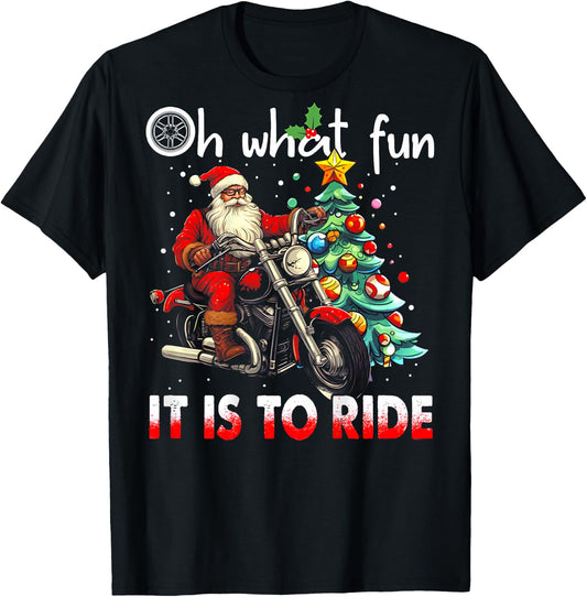Oh What Fun It Is To Ride - Christmas Biker Santa (on back) T-Shirt - T-Shirt | Black