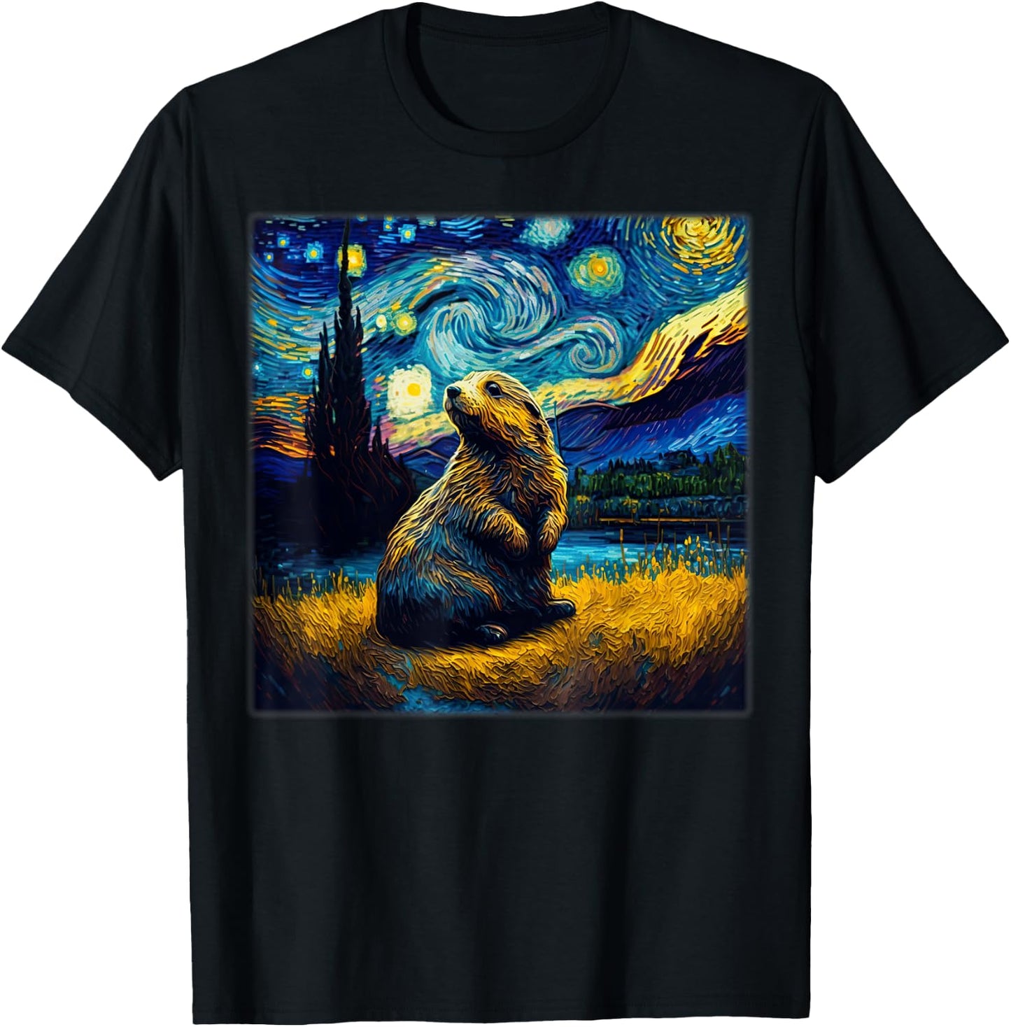 Surrealism Starry Night Marmot T-Shirt - T-Shirt | Black