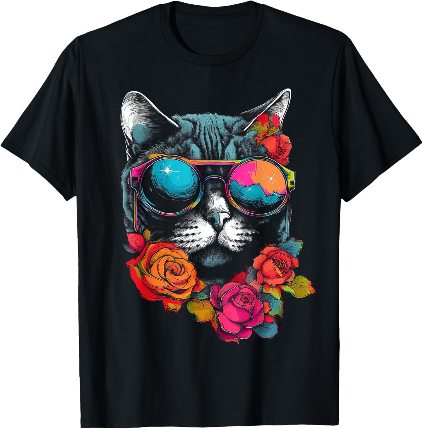 Cat Lover Artwork | Sunglasses Flower Animal Motif Cat T-Shirt - T-Shirt | Black