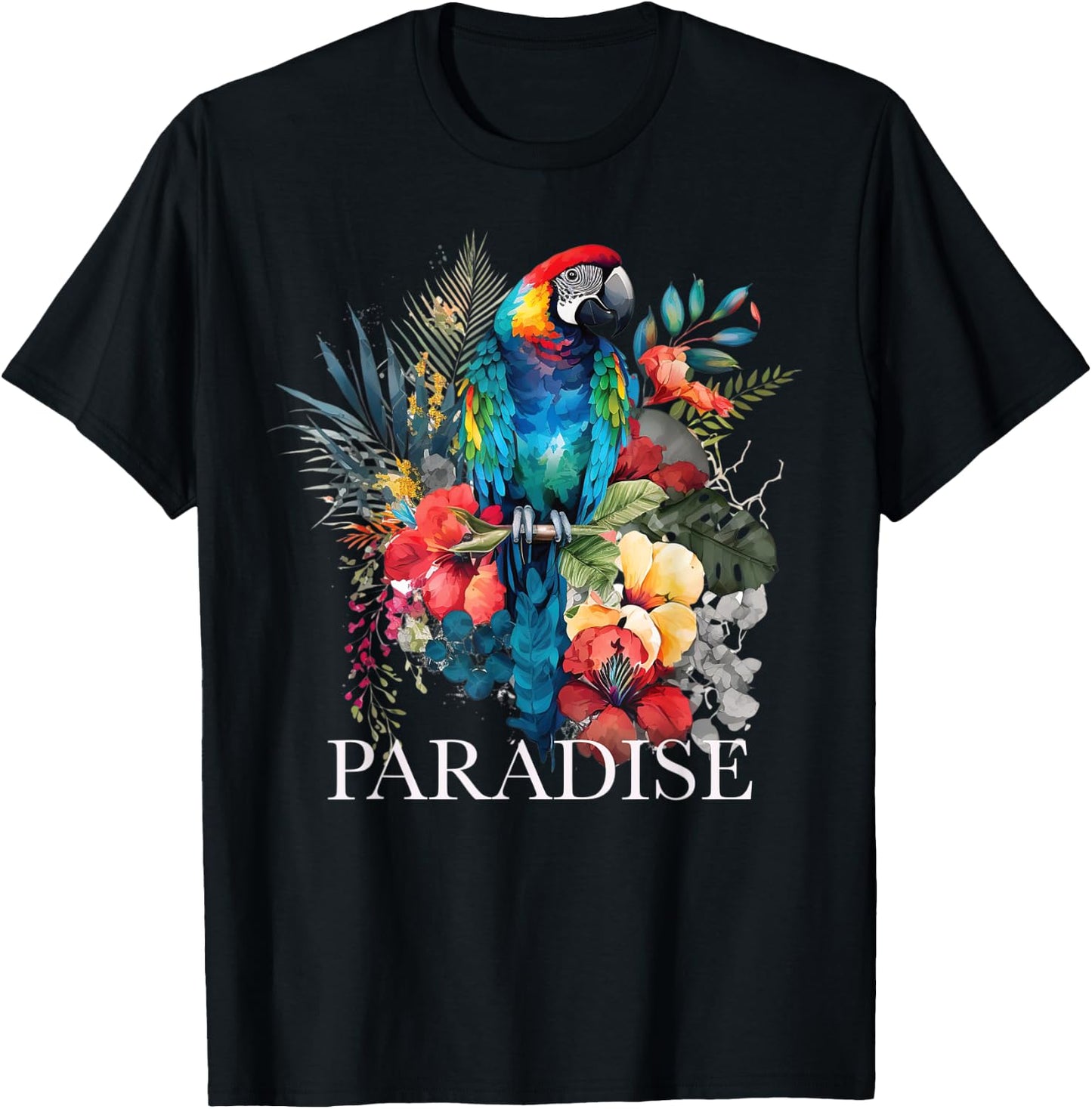 Paradise Parrot Tropical Bird Vacation Beach Flower Hawaiian Women Kids T-Shirt - T-Shirt | Black