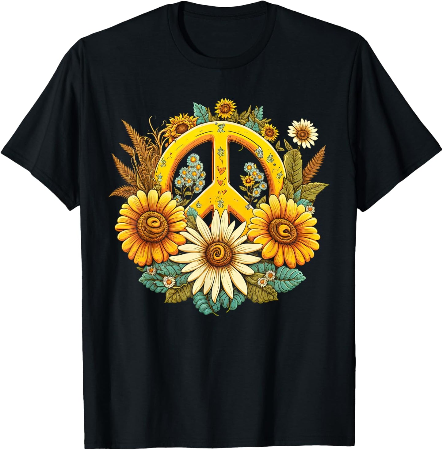 Hippie Daisy Peace Sign Retro Flowers Sunflower Groovy Vibes T-Shirt - T-Shirt | Black