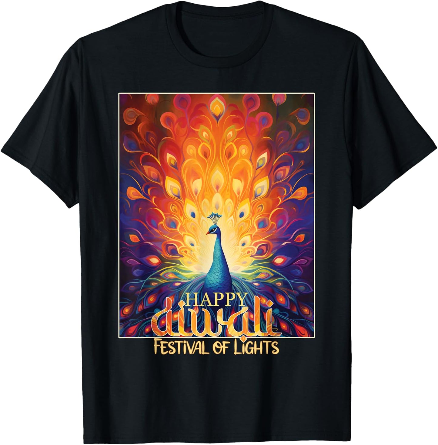 Happy Diwali Festival of Lights Vibrant Peacock Deepavali T-Shirt - T-Shirt | Black