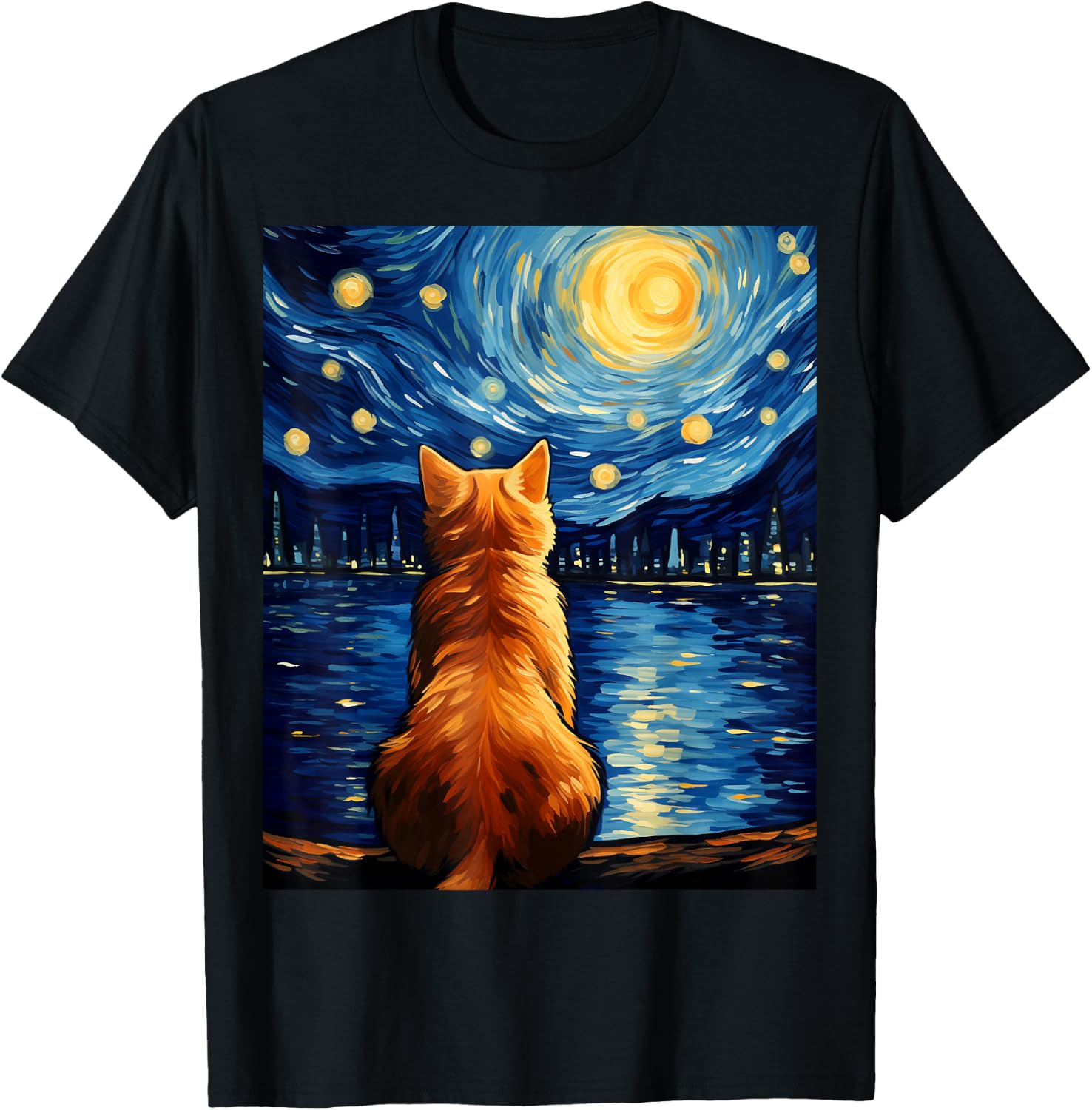 Vincent Van Gogh Starry Night Cat Funny Orange Cat Lover Women Girls Kids T-Shirt - T-Shirt | Black