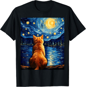 Vincent Van Gogh Starry Night Cat Funny Orange Cat Lover Women Girls Kids T-Shirt - T-Shirt | Black