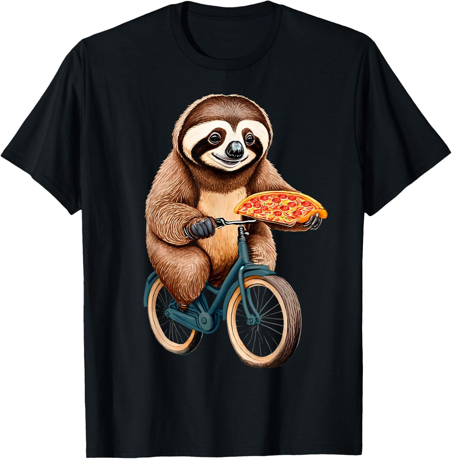 Sloth Riding a Bicycle Eating Pizza - I love sloth and Pizza T-Shirt - T-Shirt | Black