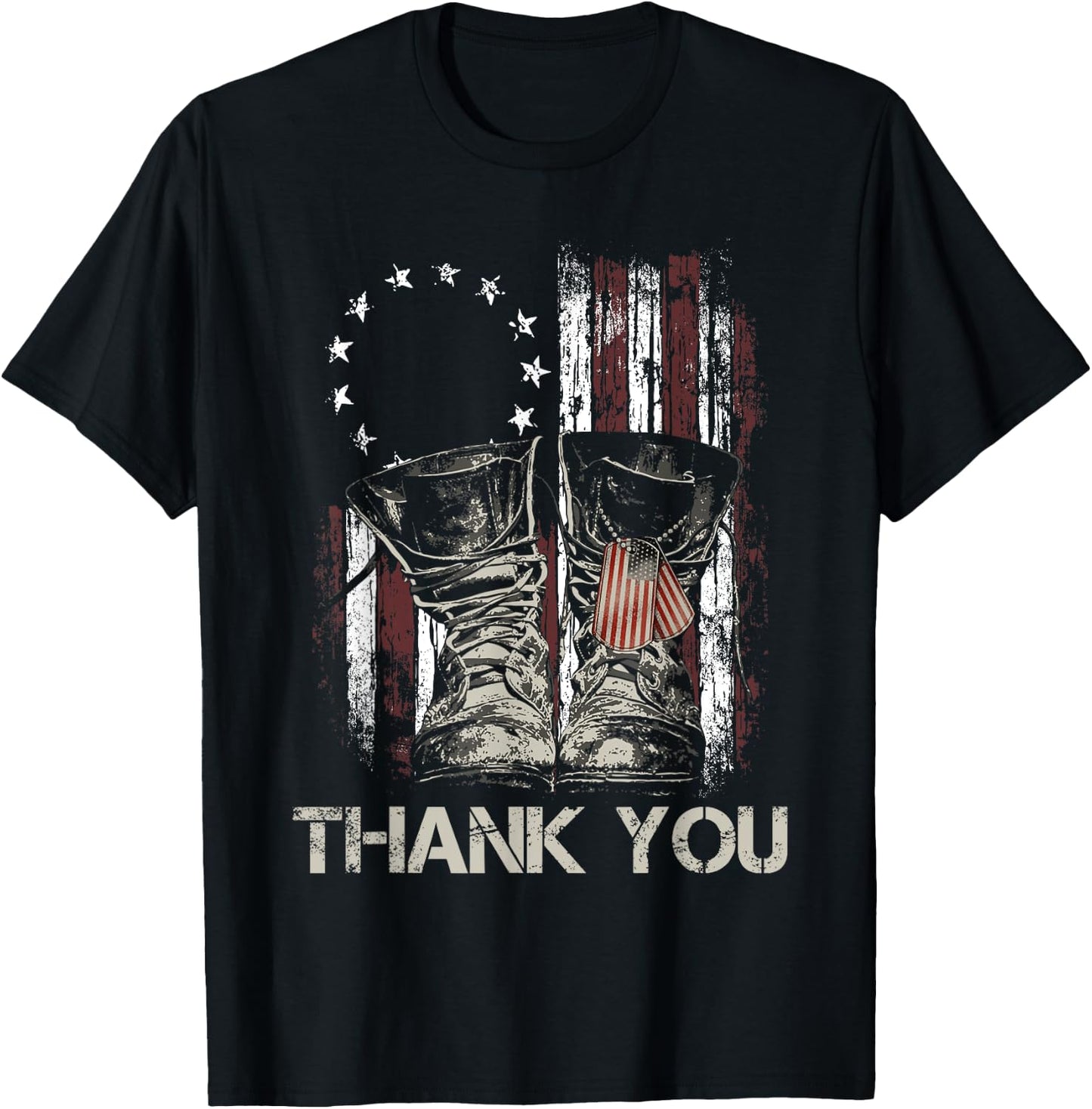 American Flag US Veteran Combat Boots Thank You Veterans T-Shirt - T-Shirt | Black