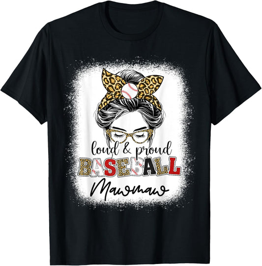 Loud and proud Baseball mawmaw messy bun leopard women T-Shirt - T-Shirt | Black