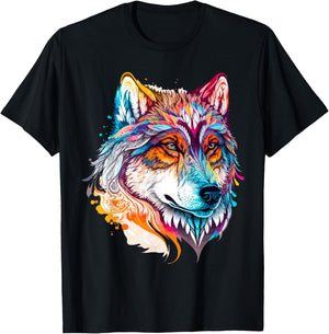 Colorful Wolf Portrait Pop Art T-Shirt - T-Shirt | Black