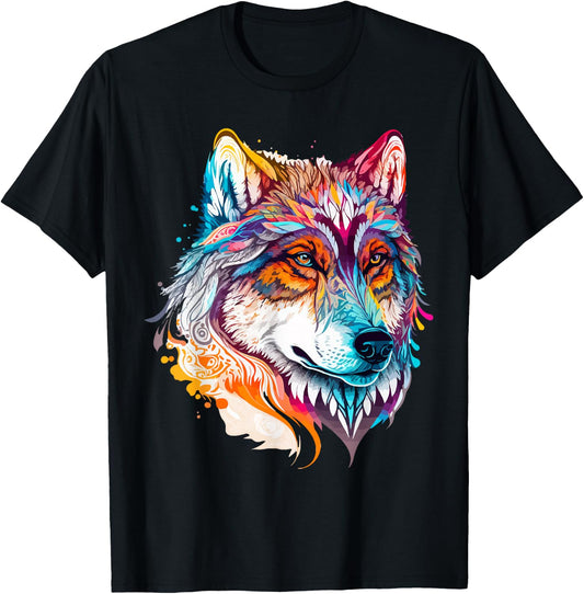Colorful Wolf Portrait Pop Art T-Shirt - T-Shirt | Black