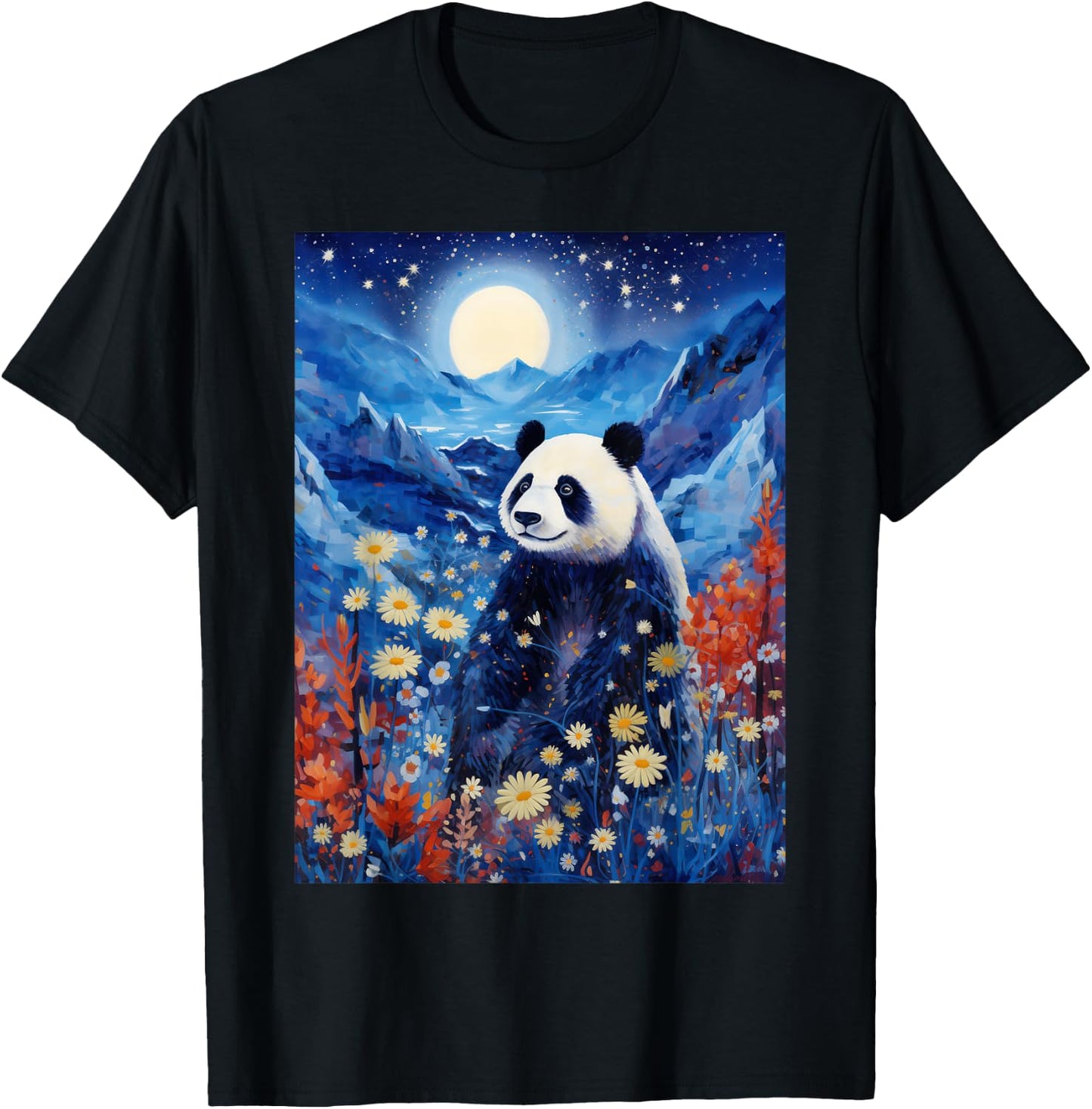 Panda Starry Night Van Gogh Style Graphic T-Shirt - T-Shirt | Black