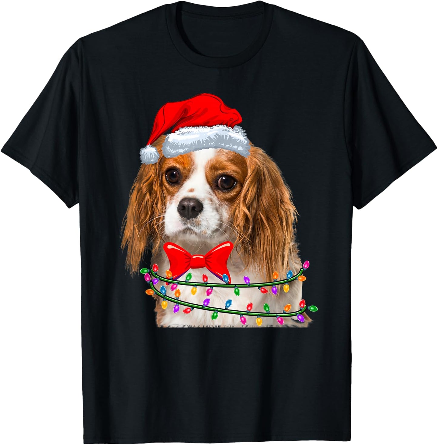 Christmas Lights Cavalier King Chales Spaniel Wearing Hat T-Shirt - T-Shirt | Black