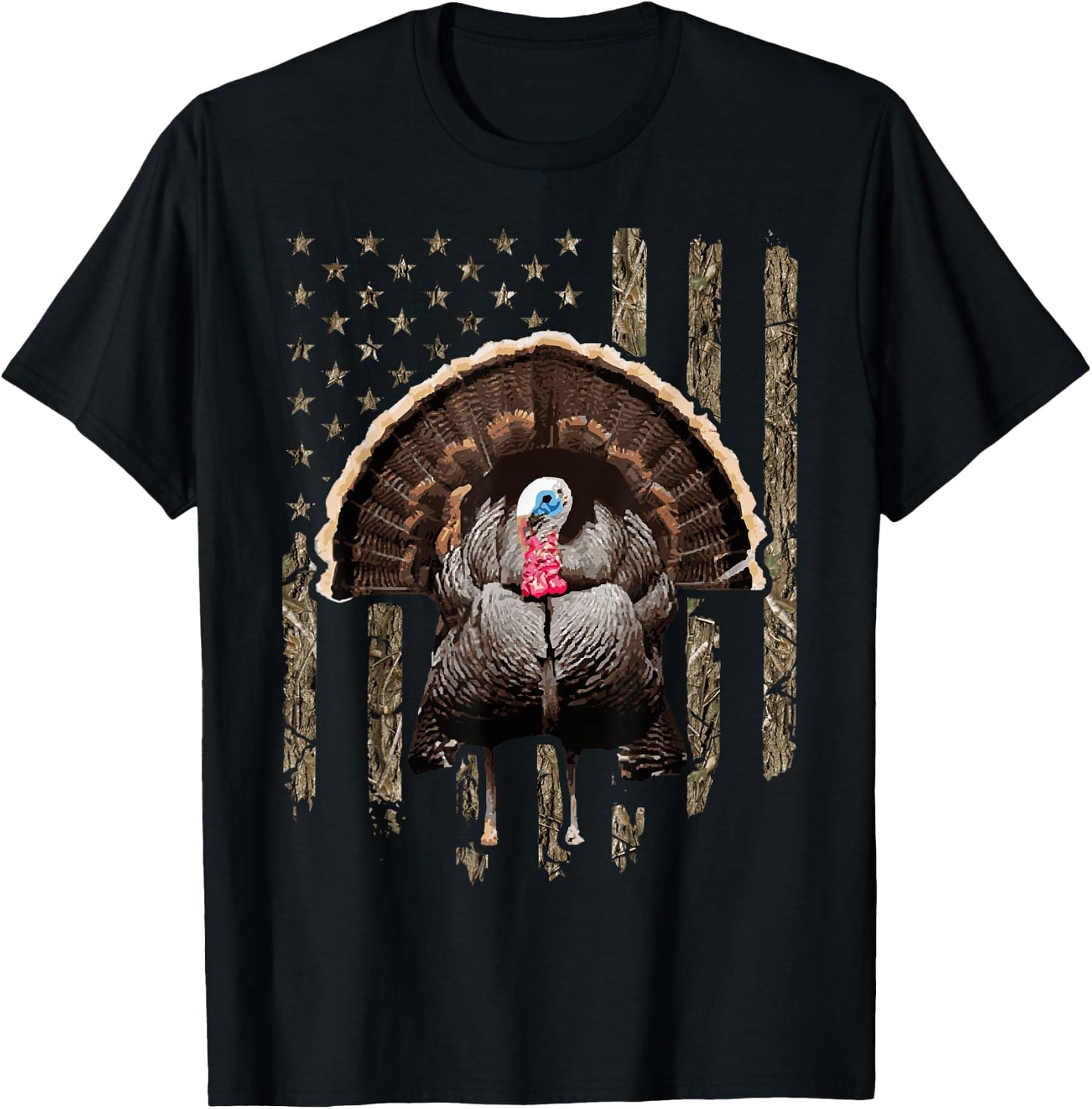 Turkey Hunting Graphic American Flag Tree Camouflage T-Shirt - T-Shirt | Black