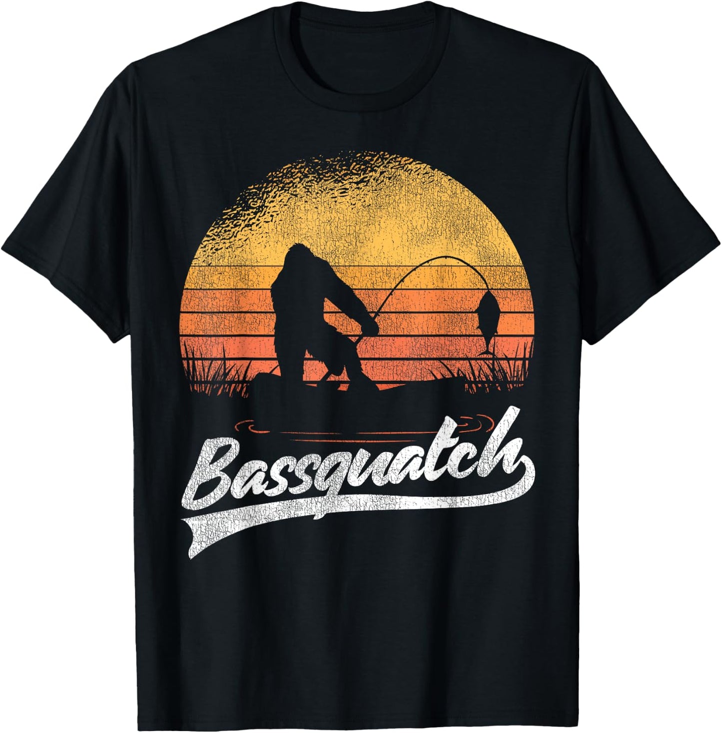 Bigfoot Fishing Retro Sunset Bigfoot Believer Bassquatch T-Shirt - T-Shirt | Black