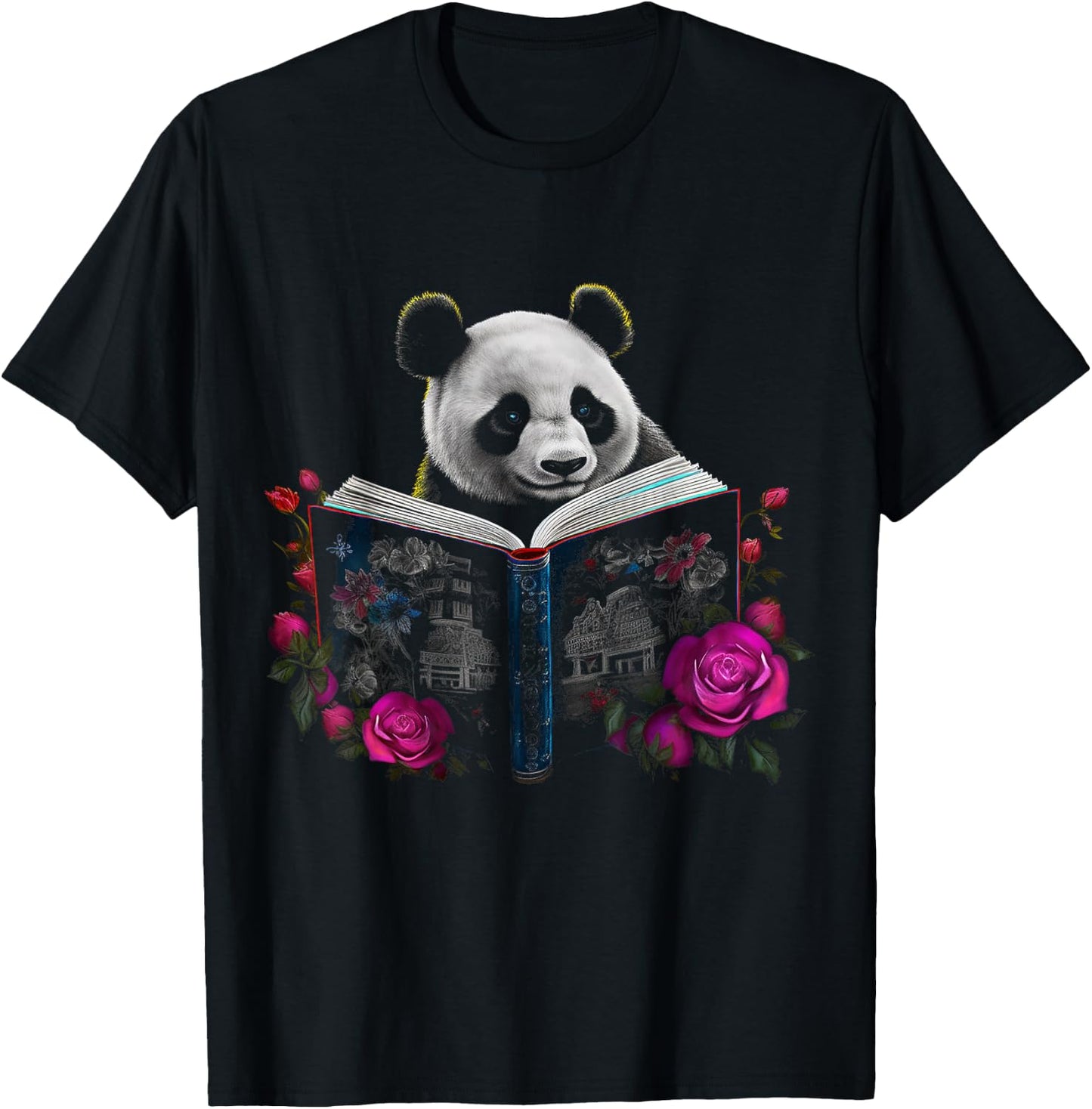 Panda reading a Book - Flowers | Animal Rose Motif Panda T-Shirt - T-Shirt | Black