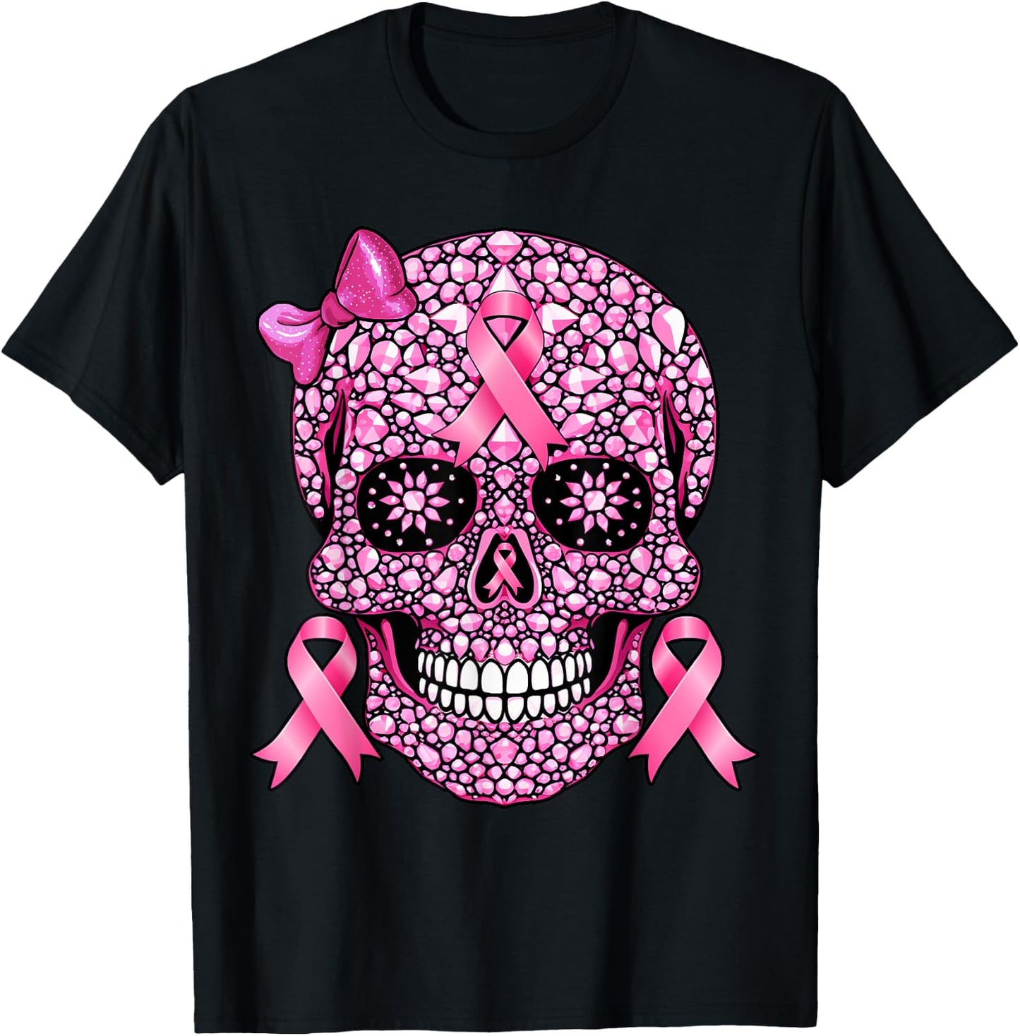 Sugar Skull Pink Ribbon Breast Cancer Awareness Girls Women T-Shirt - T-Shirt | Black