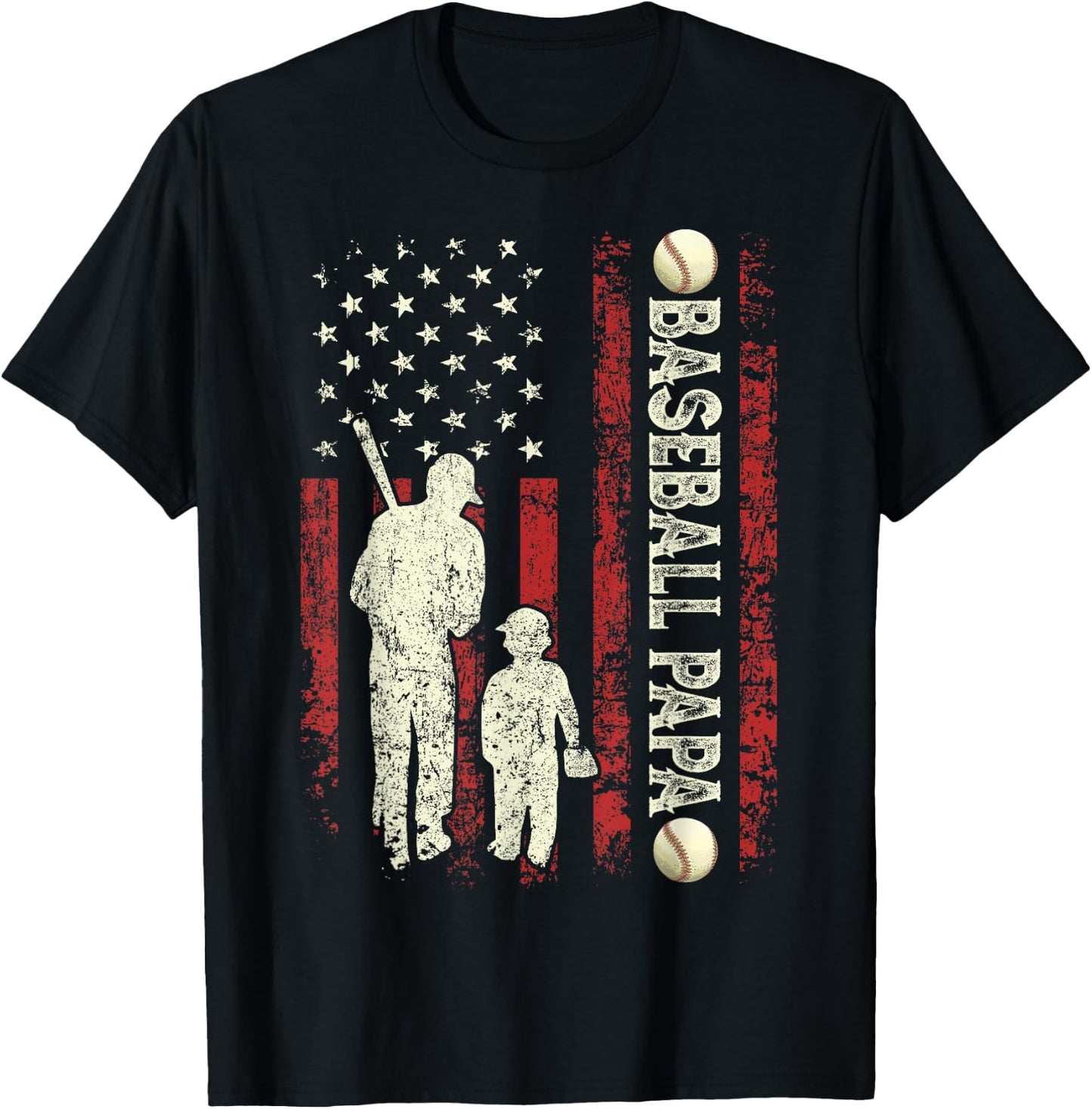 Father's Day Baseball Papa USA Flag Gifts Dad Men Baseball T-Shirt - T-Shirt | Black