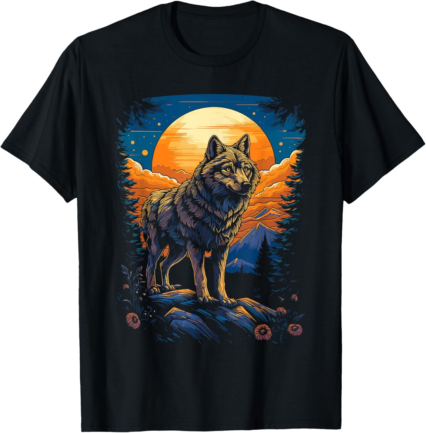 Wolf and Moon, Forest, Nature Art Women, Men T-Shirt - T-Shirt | Black