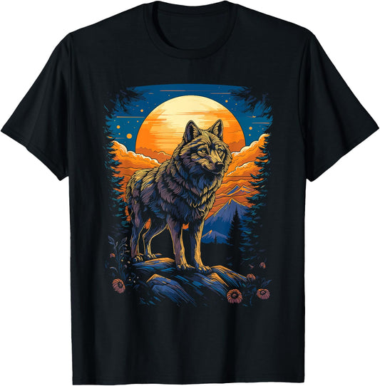 Wolf and Moon, Forest, Nature Art Women, Men T-Shirt - T-Shirt | Black