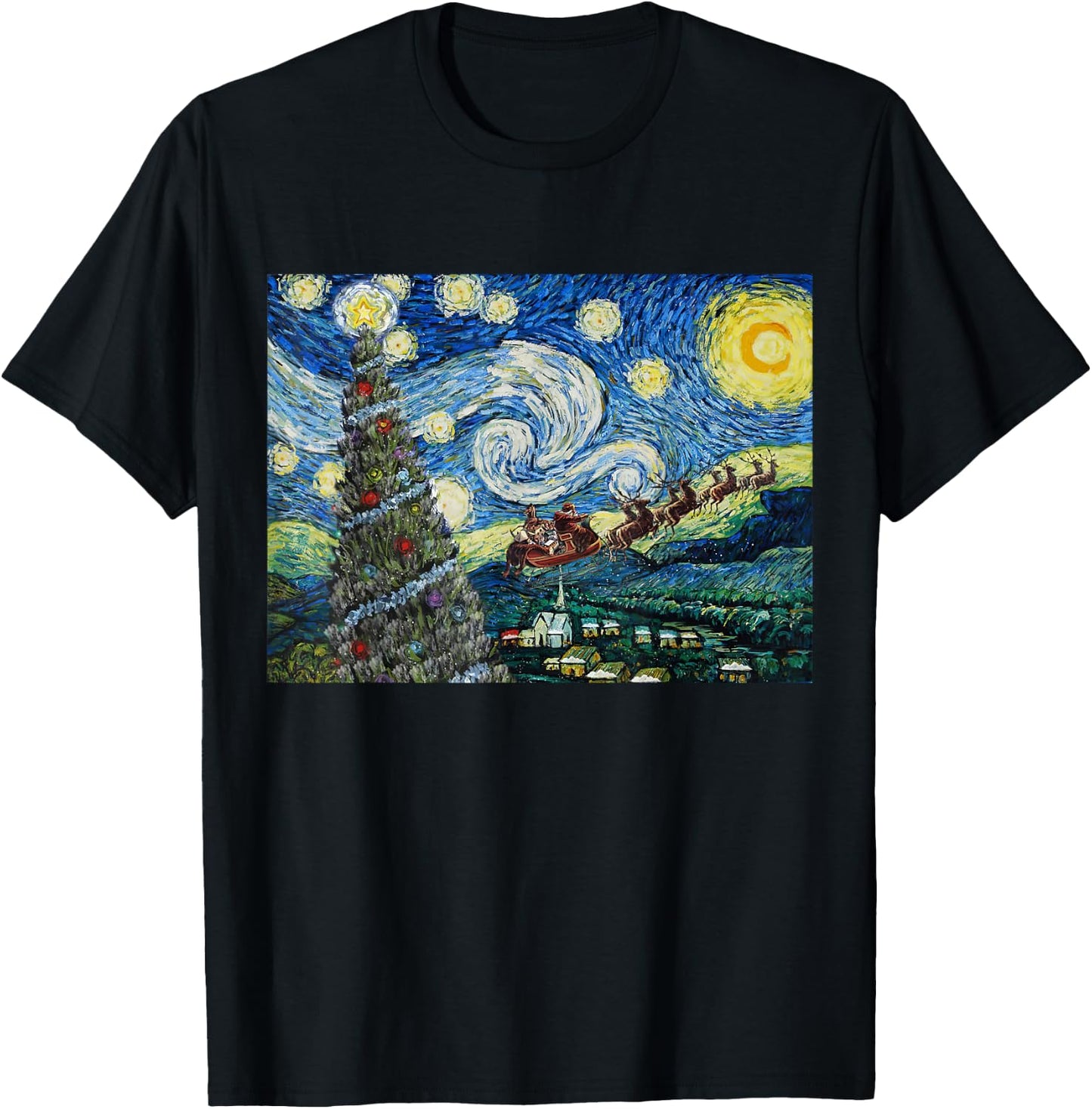 Funny Christmas Tree Van Gogh Starry Night Xmas Art Gifts PJ T-Shirt - T-Shirt | Black