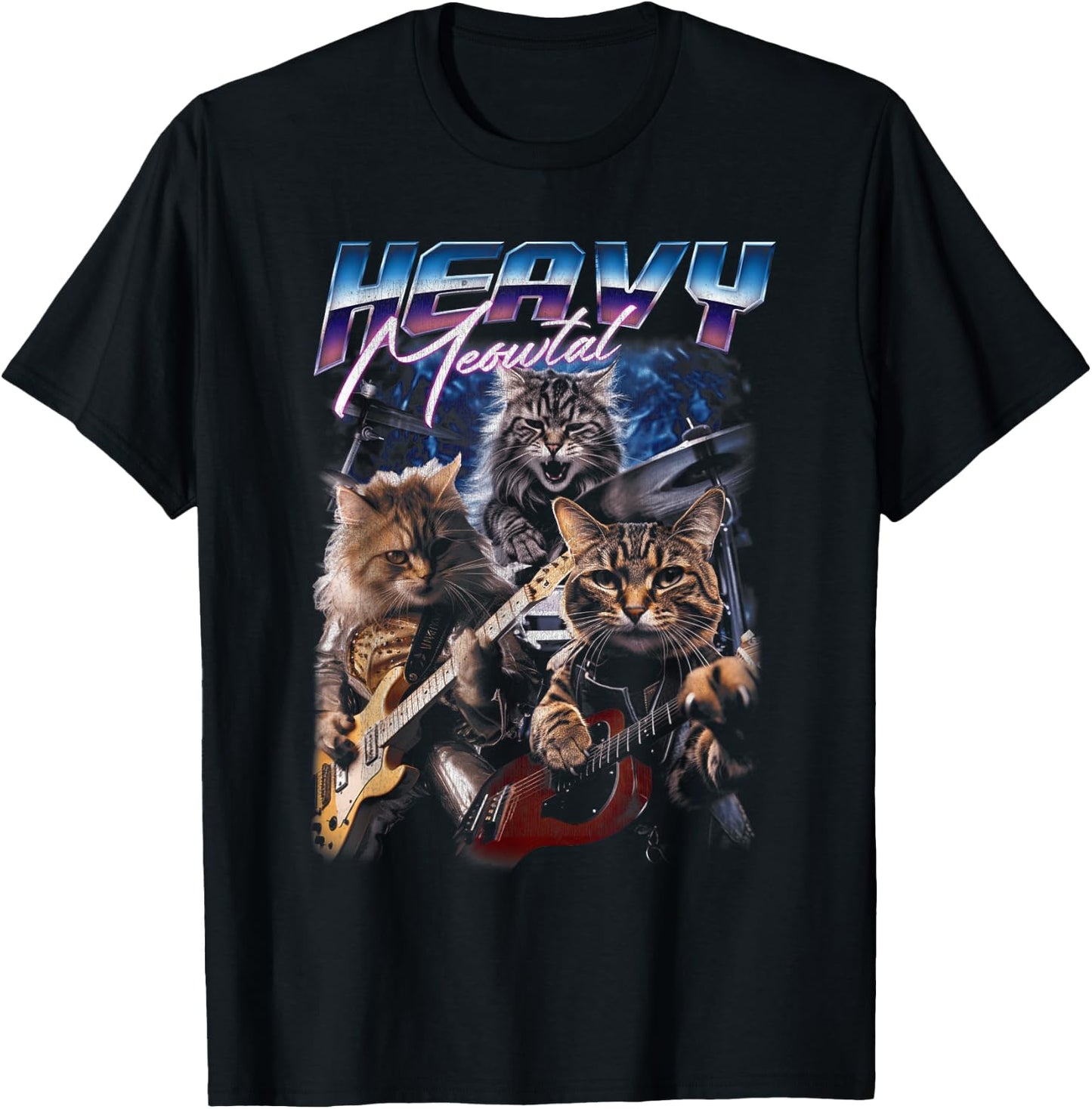 Heavy Meowtal Distressed Rock Cat Playing Guitar Music Bands T-Shirt - T-Shirt | Black