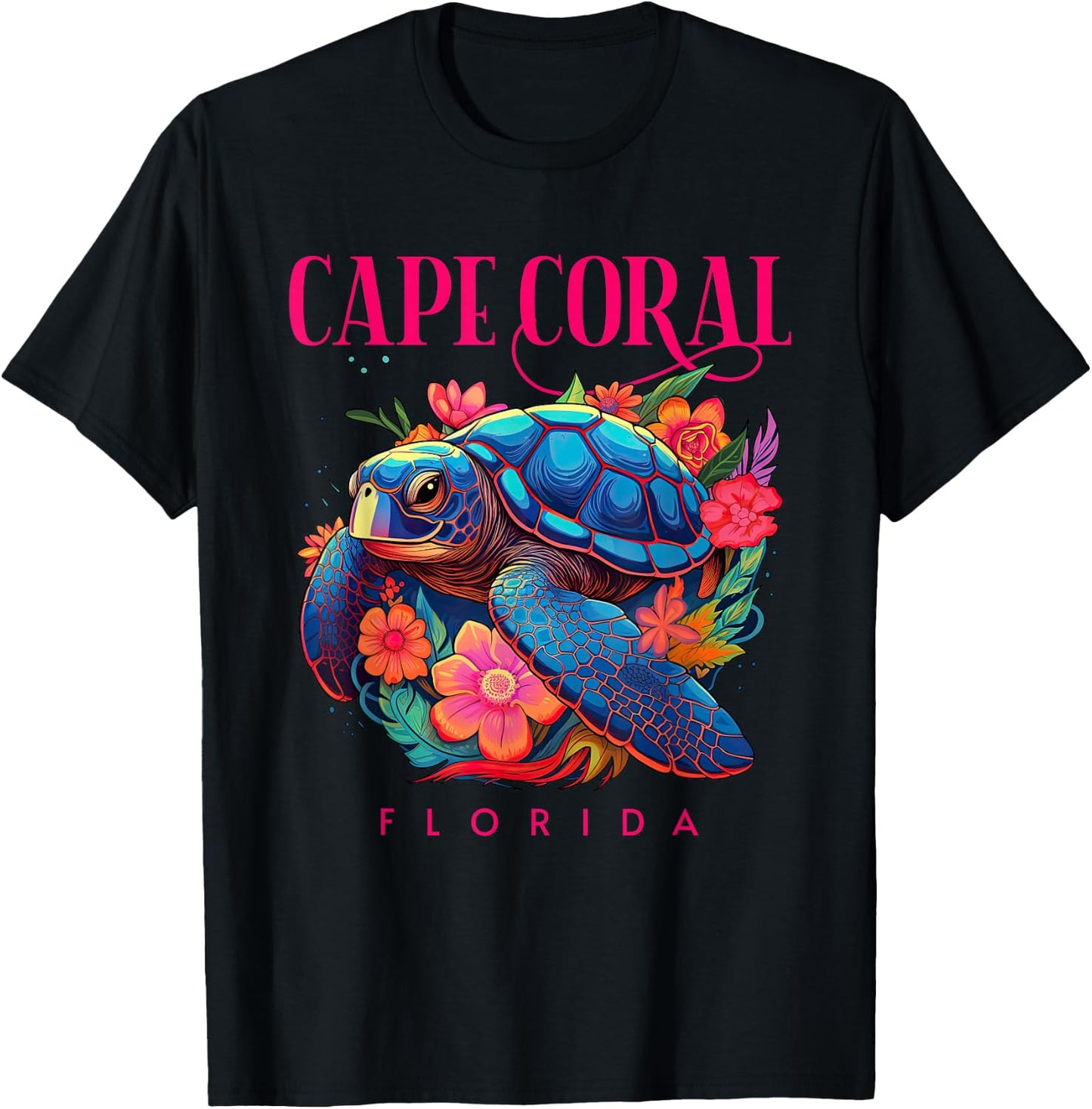 Cape Coral Florida Floral Beach Turtle Souvenir T-Shirt - T-Shirt | Black