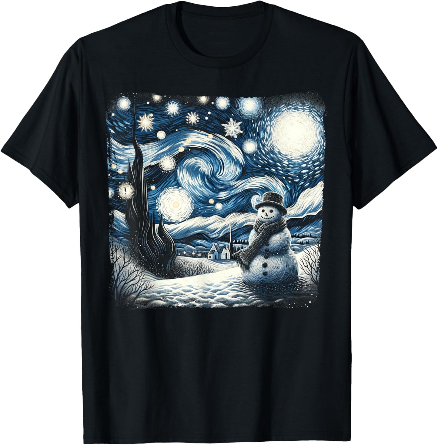 Van Gogh Starry Night Christmas Snowman Winter Snowy Night T-Shirt - T-Shirt | Black