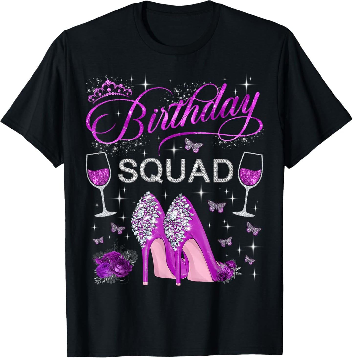Birthday Squad Purple Butterflies High Heels Diva Squad T-Shirt - T-Shirt | Black