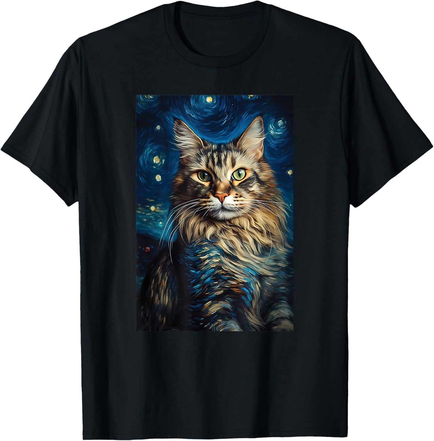 Maine Coon cat painting kitten Van Gogh art Starry Night sky Men Women Kids T-Shirt - T-Shirt | Black