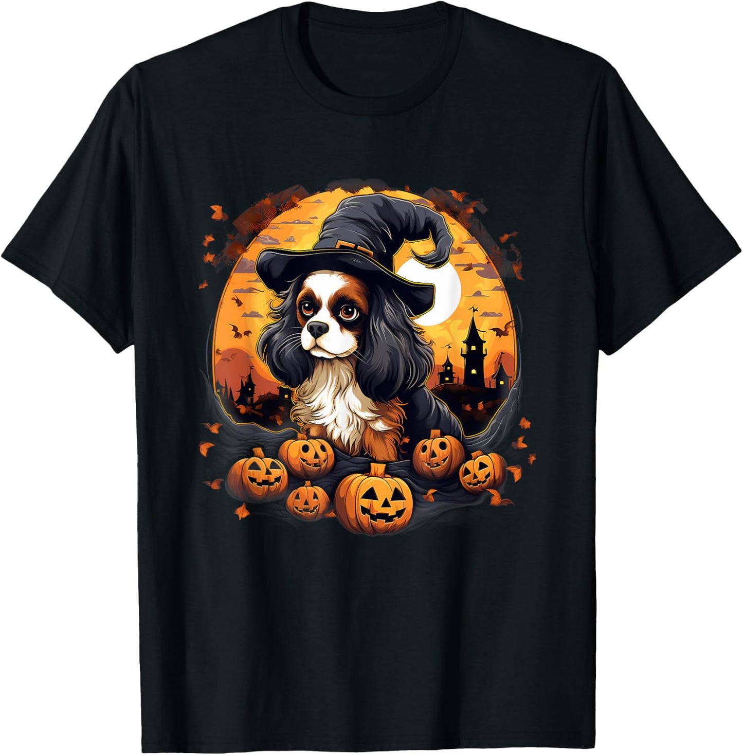 Spooky Cavalier King Charles Spaniel Dog Witch Halloween T-Shirt - T-Shirt | Black