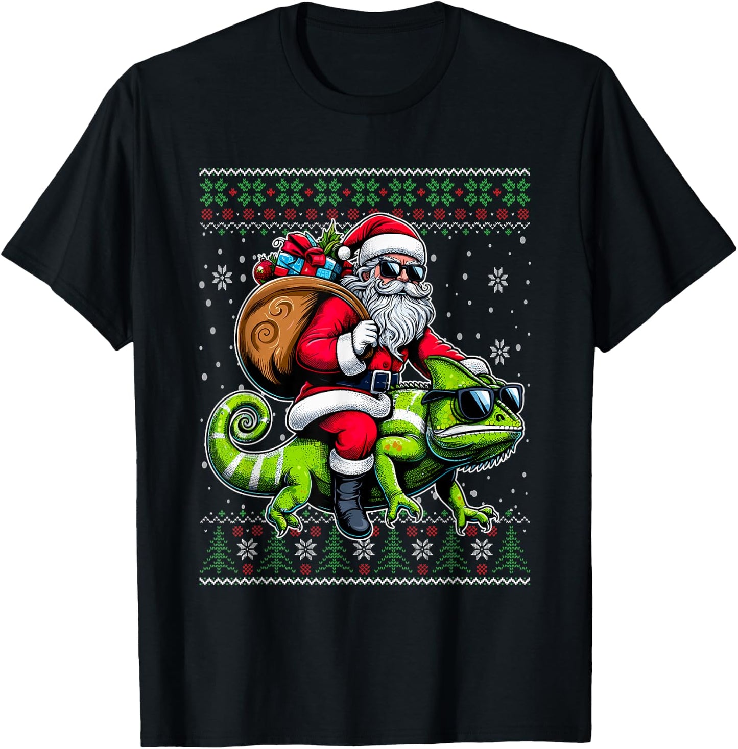 Christmas Santa Riding Chameleon Ugly Christmas Sweater T-Shirt - T-Shirt | Black