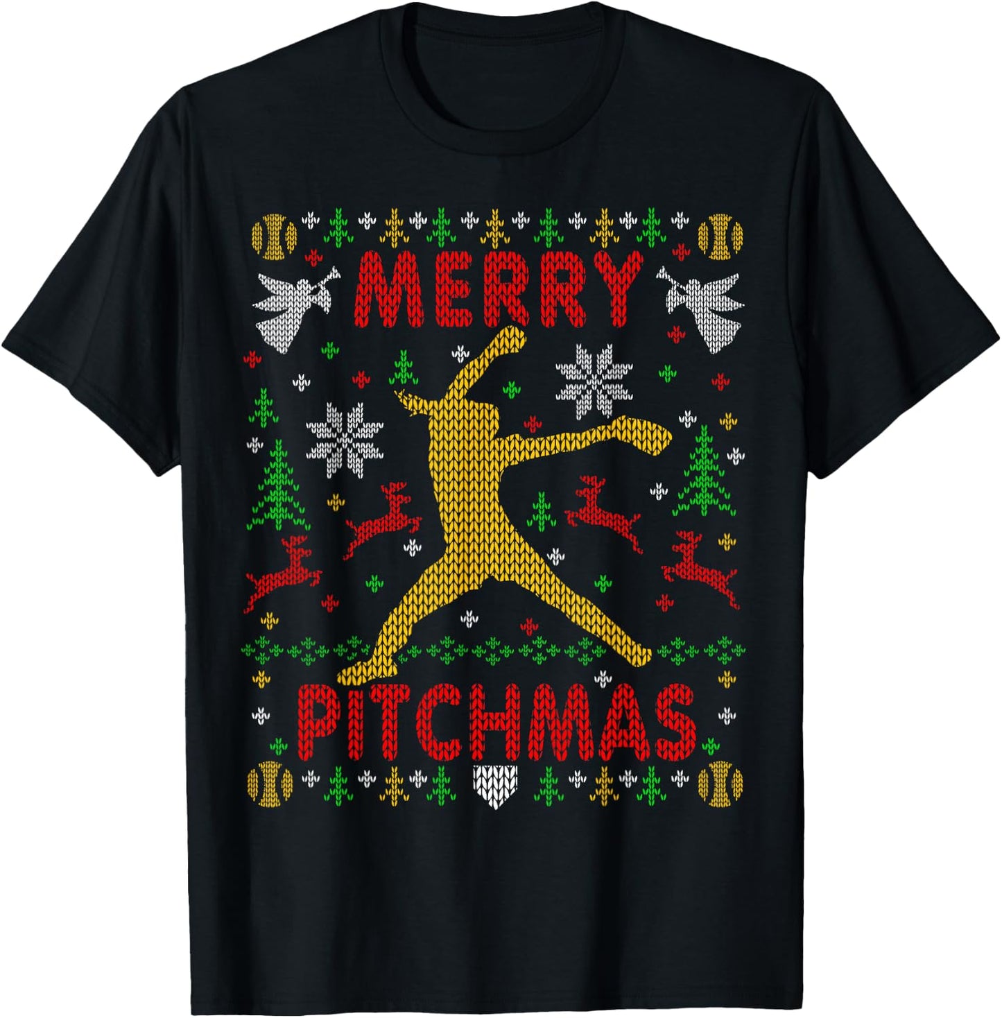 Merry Pitchmas Fastpitch Softball Pitcher Ugly Christmas T-Shirt - T-Shirt | Black