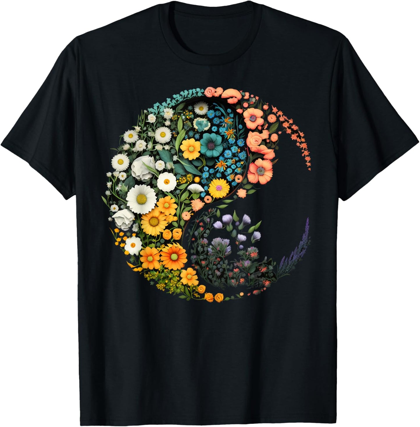 Flower Taoism Yin Yang Symbol on Zen Taijitu Yin Yang T-Shirt - T-Shirt | Black