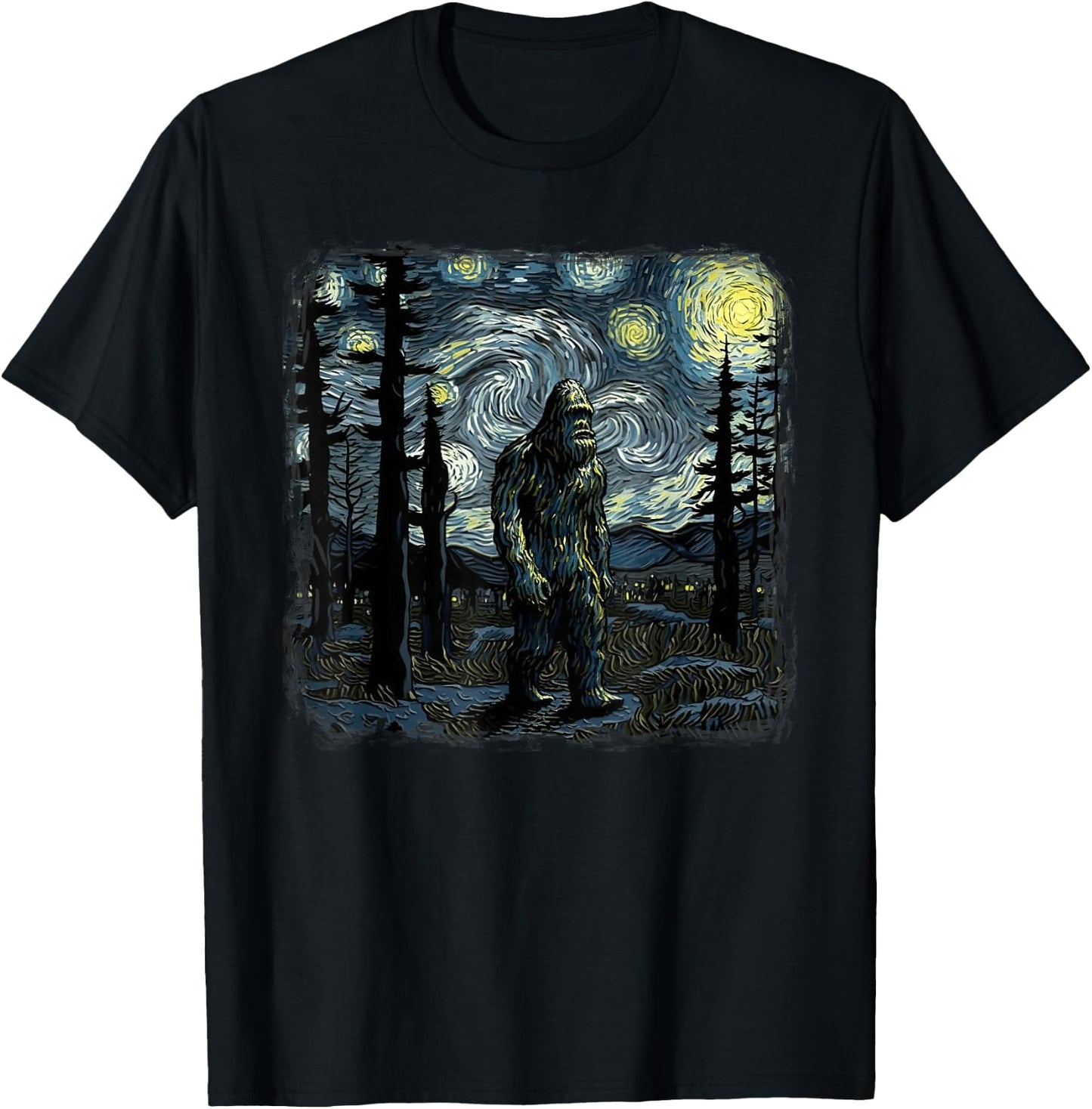 Bigfoot Starry Night Sasquatch Van Gogh Sky Painting Art T-Shirt - T-Shirt | Black
