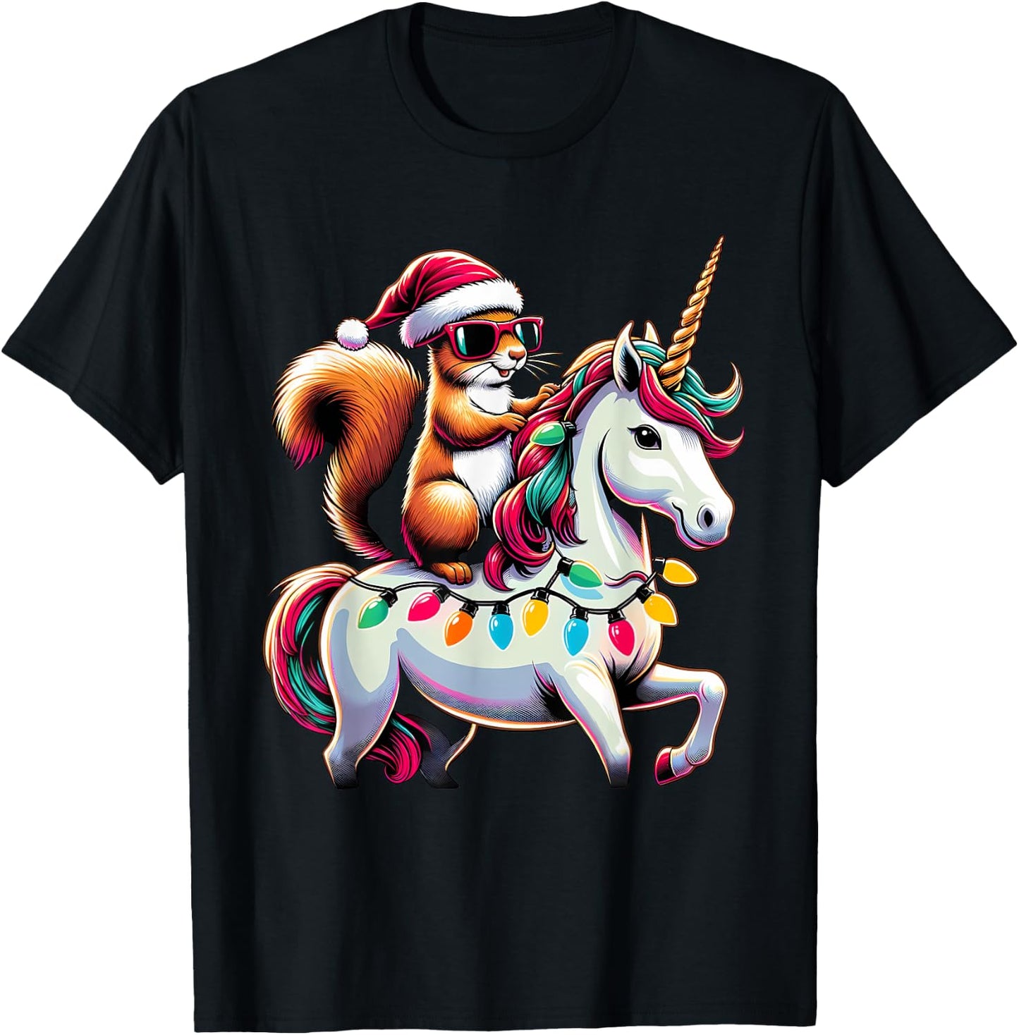 Christmas Lights Squirrel Riding Unicorn T-Shirt - T-Shirt | Black