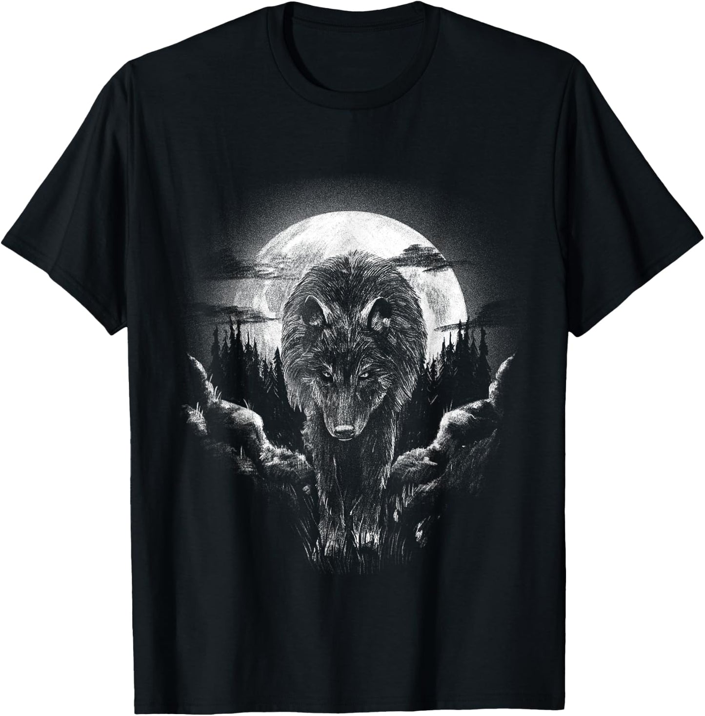 Wolf Animal Moon Drawing Animal Motif Wolf T-Shirt - T-Shirt | Black