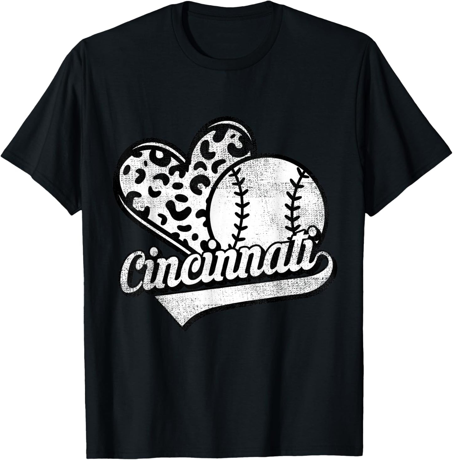 Vintage Cincinnati Baseball Leopard Heart Baseball Fans T-Shirt - T-Shirt | Black