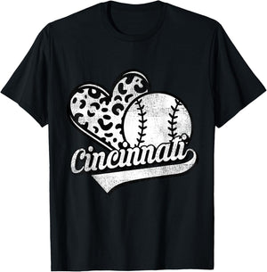 Vintage Cincinnati Baseball Leopard Heart Baseball Fans T-Shirt - T-Shirt | Black