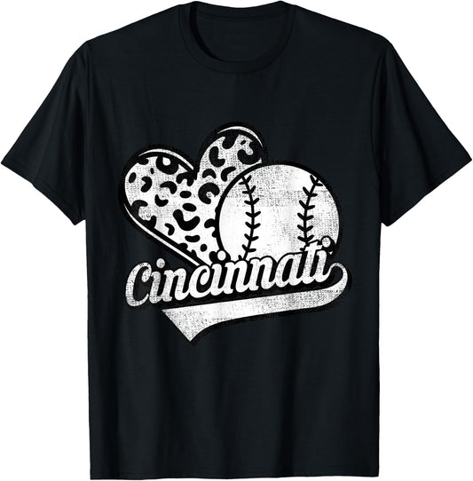 Vintage Cincinnati Baseball Leopard Heart Baseball Fans T-Shirt - T-Shirt | Black