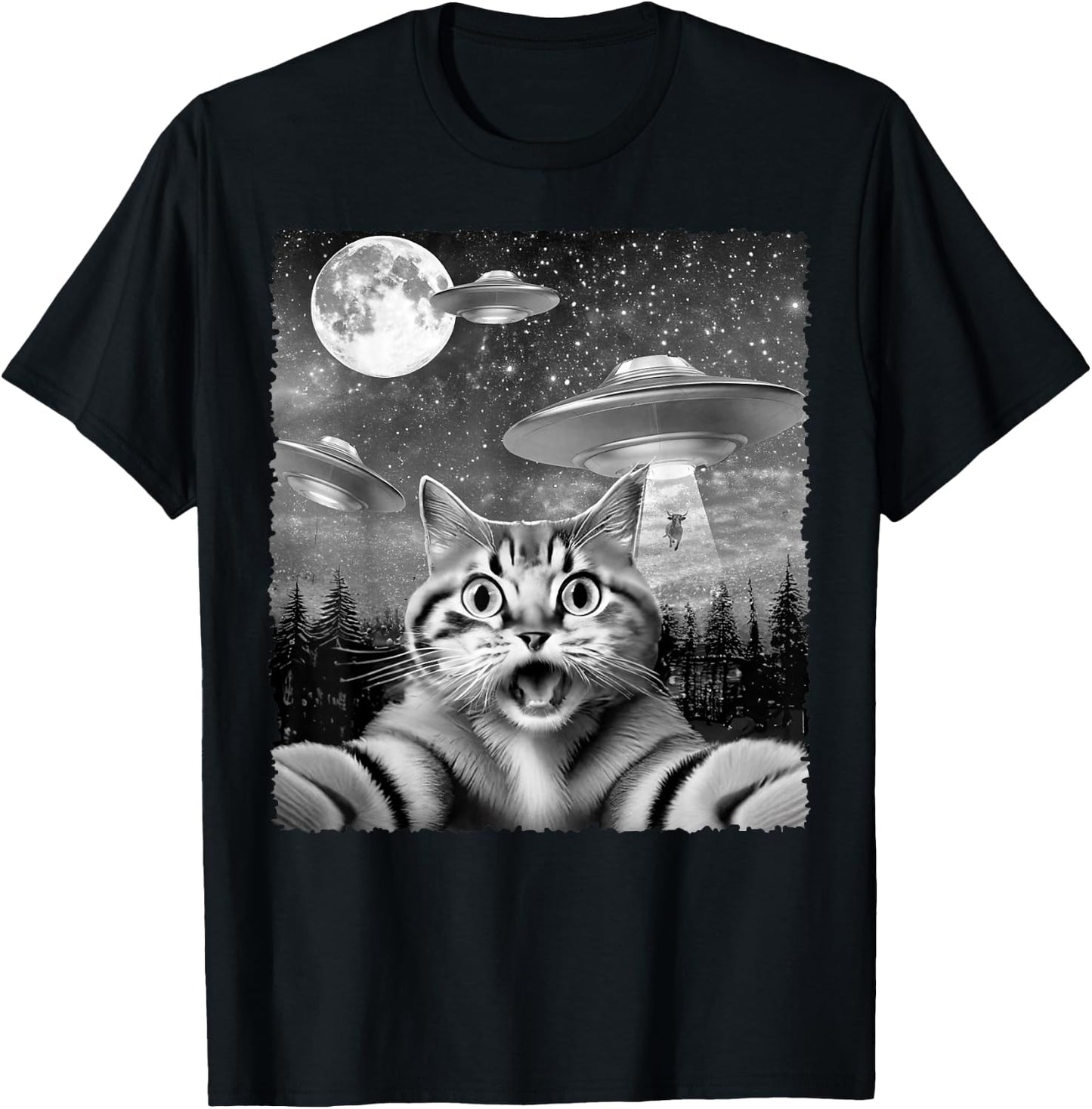 Funny Alien Cat Selfie with UFOs Gift Men Women Kids T-Shirt - T-Shirt | Black