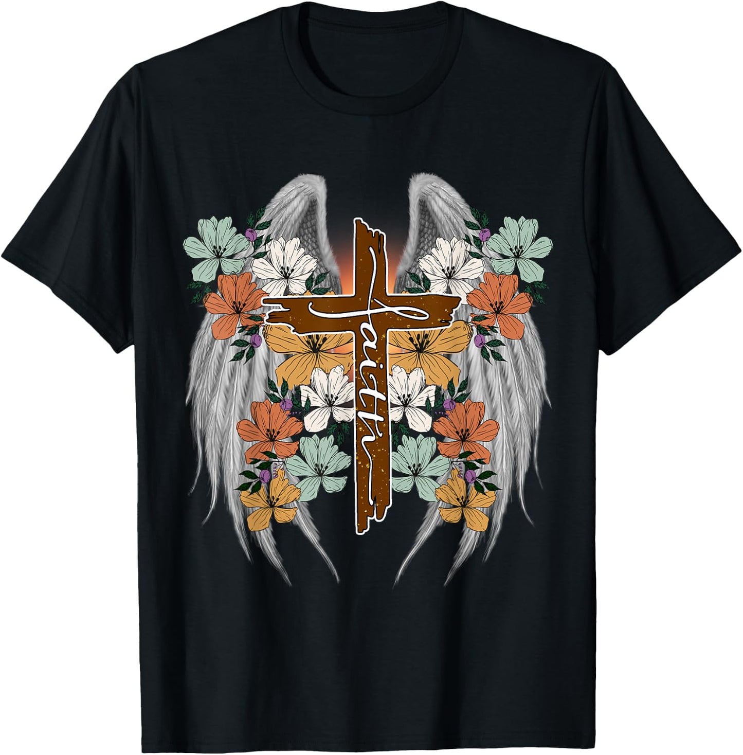 Cross Flowers Angel wings Faith Religious T-Shirt - T-Shirt | Black